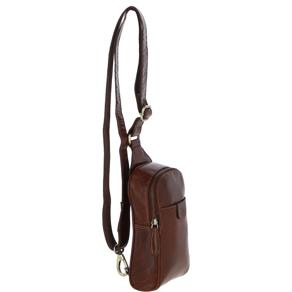 Three Pocket Leather Sling Bag T-75 - Chestnut - Image 4