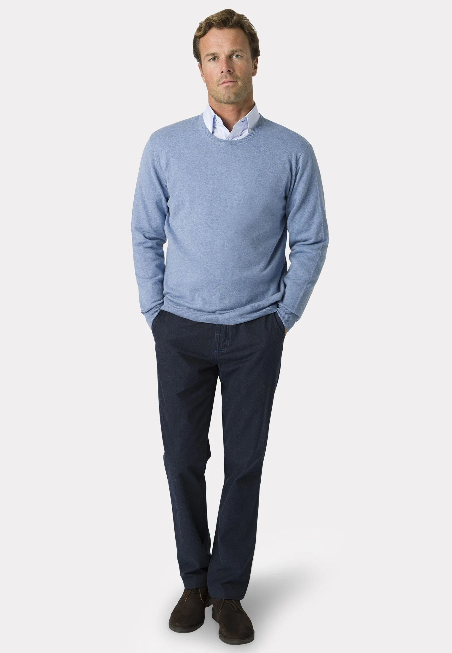 Devon Sky Blue Cotton Merino Crew Neck Jumper - Image 4
