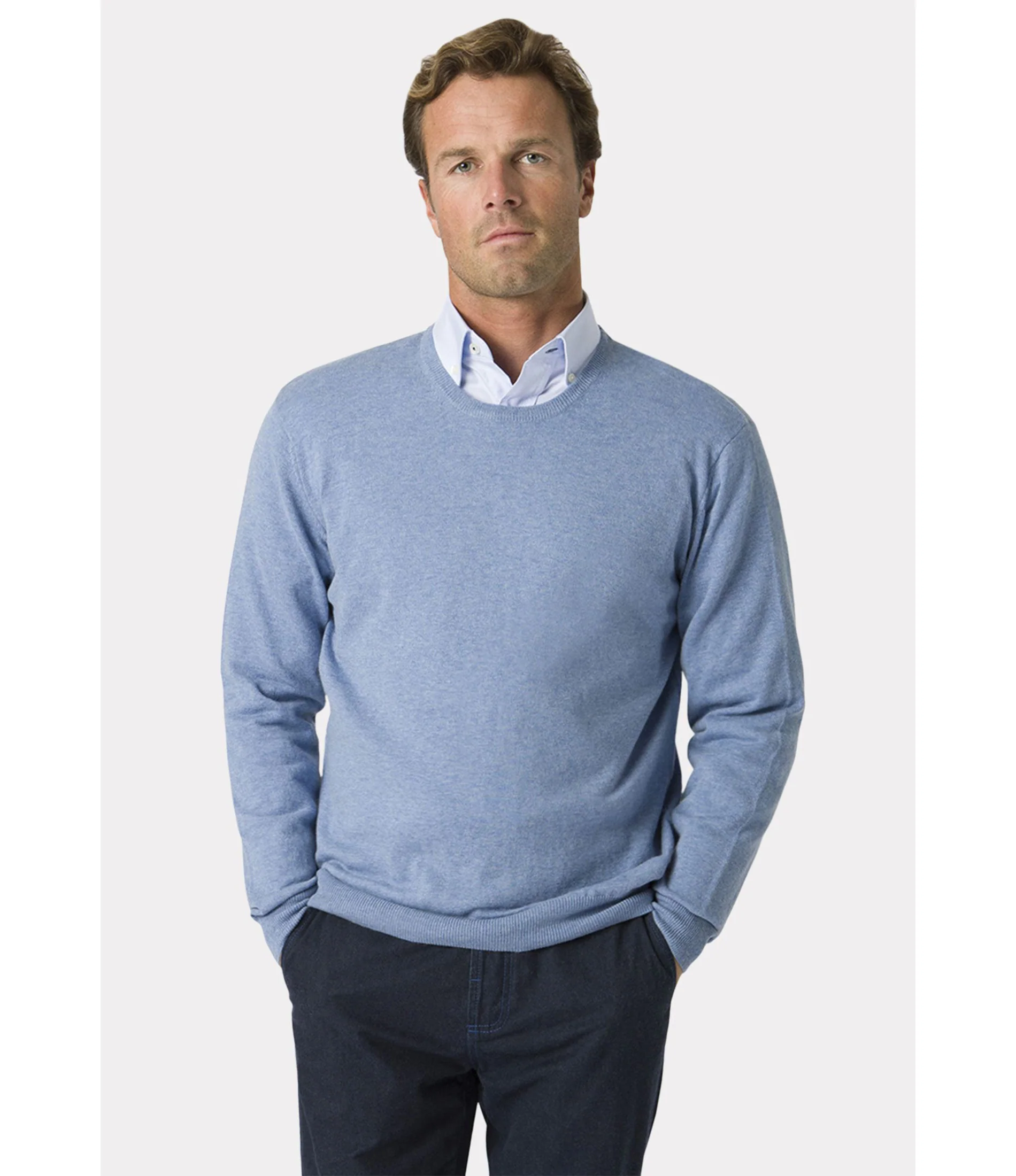 Devon Sky Blue Cotton Merino Crew Neck Jumper - Image 5