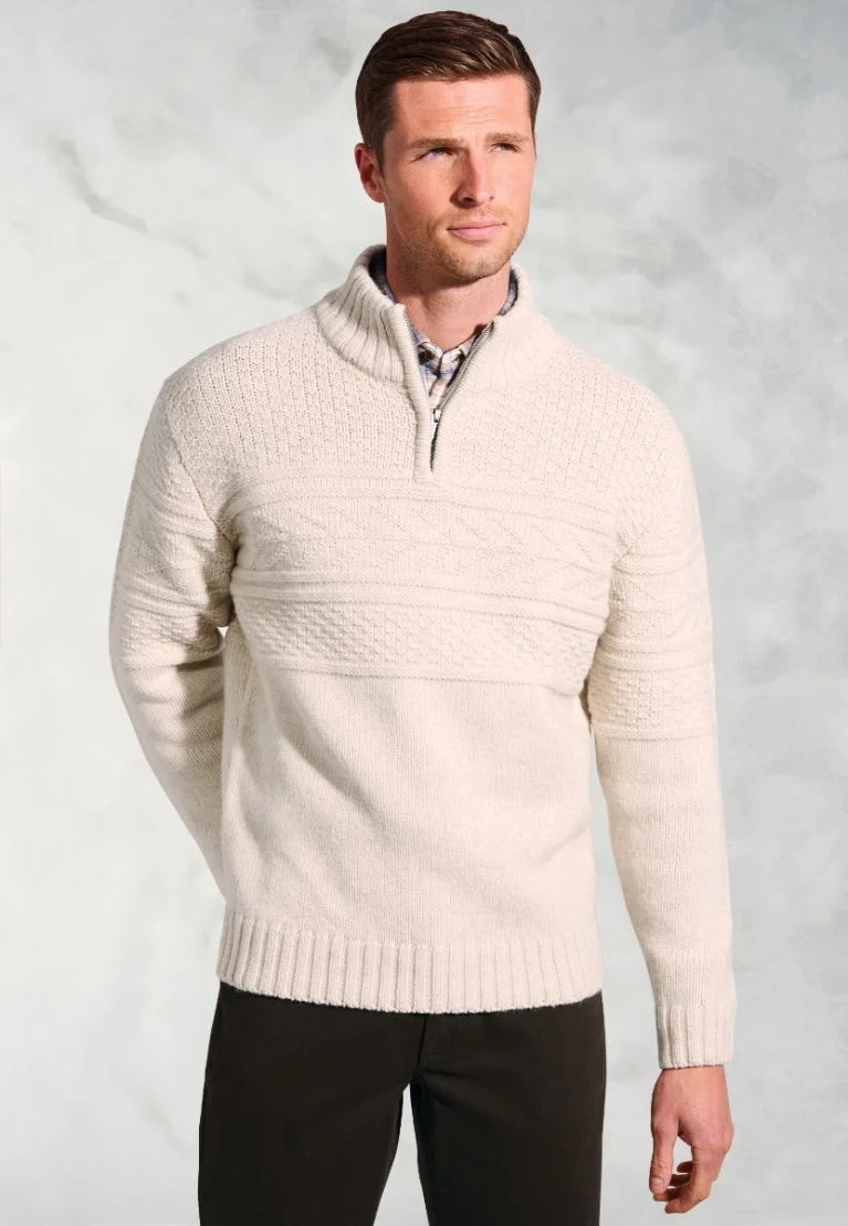 Eton Ecru Textured Lambswool Zip Neck Jumper - Image 4