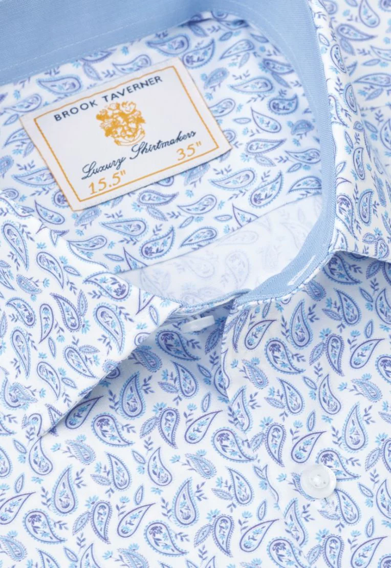 Regular Fit Blue Paisley Stretch Cotton Shirt - Image 3