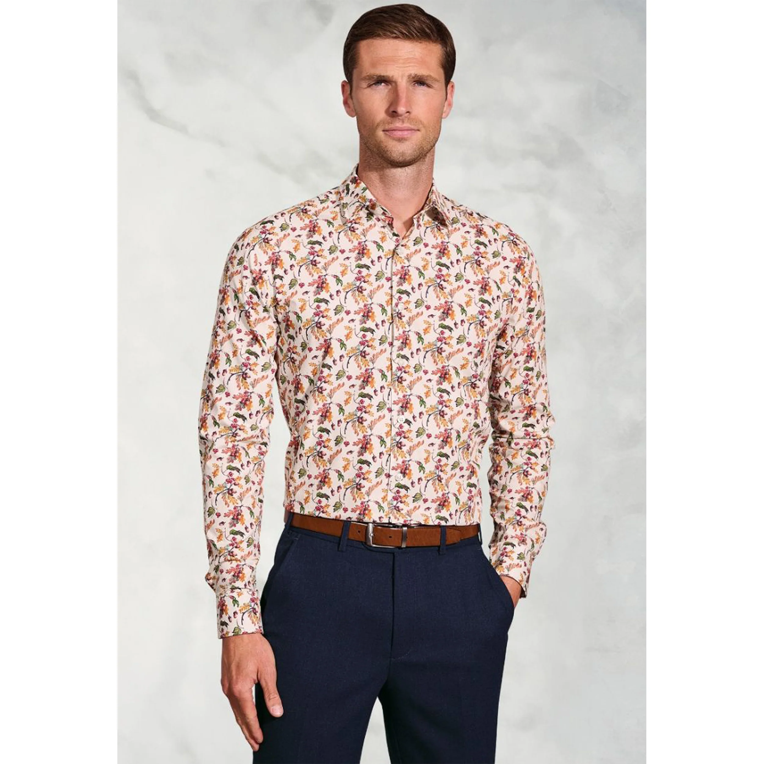 Regular Fit Ecru Acorn Print Cotton Shirt