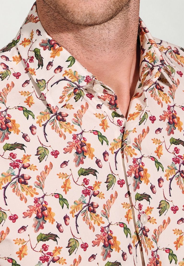 Regular Fit Ecru Acorn Print Cotton Shirt - Image 6