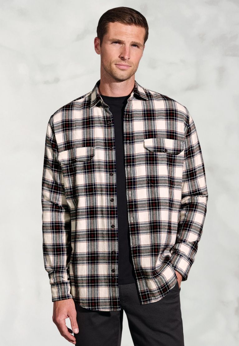 Regular Fit Ecru Herringbone Check Brushed Cotton Shirt - Image 2