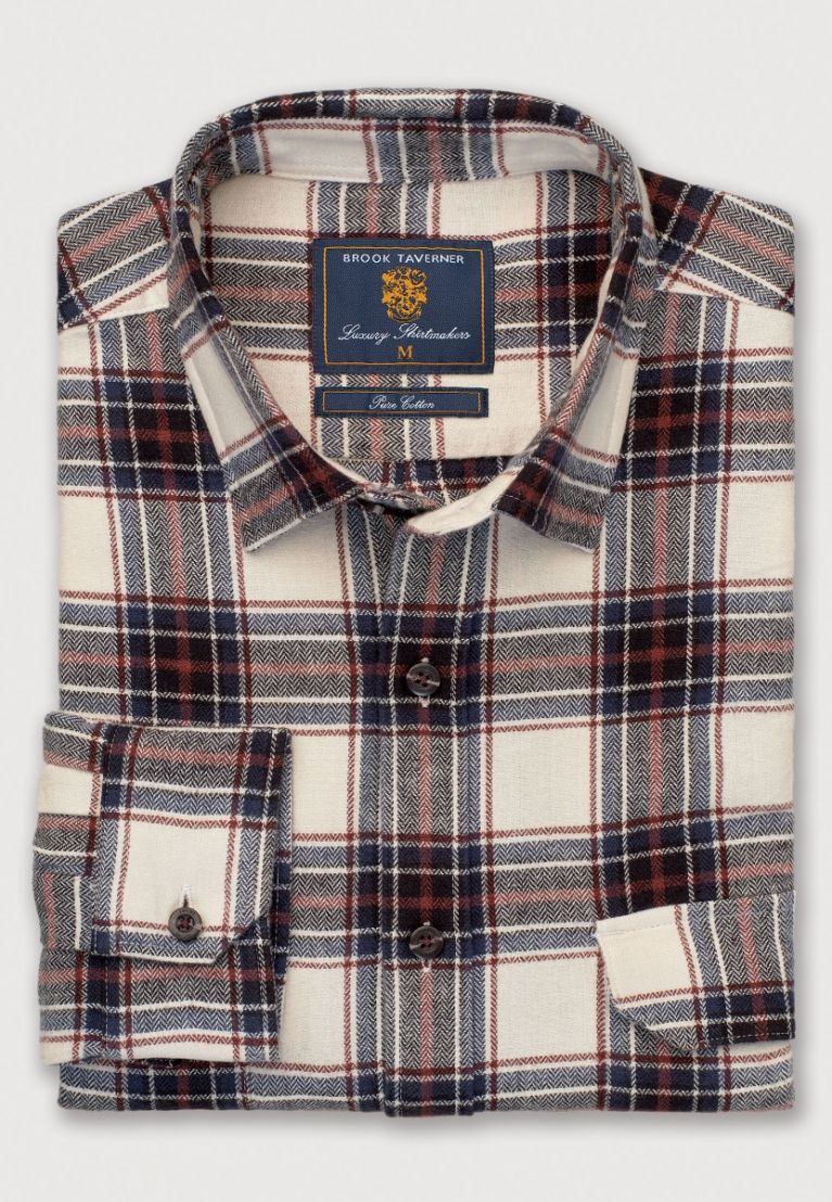 Regular Fit Ecru Herringbone Check Brushed Cotton Shirt - Image 3