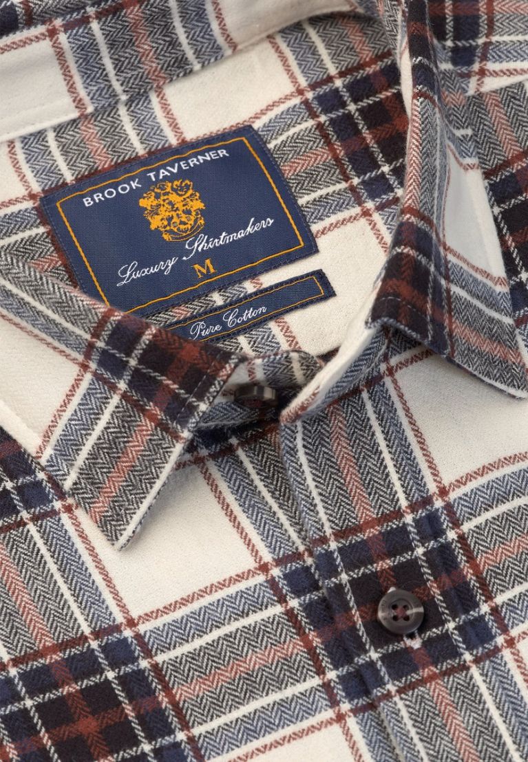 Regular Fit Ecru Herringbone Check Brushed Cotton Shirt - Image 4