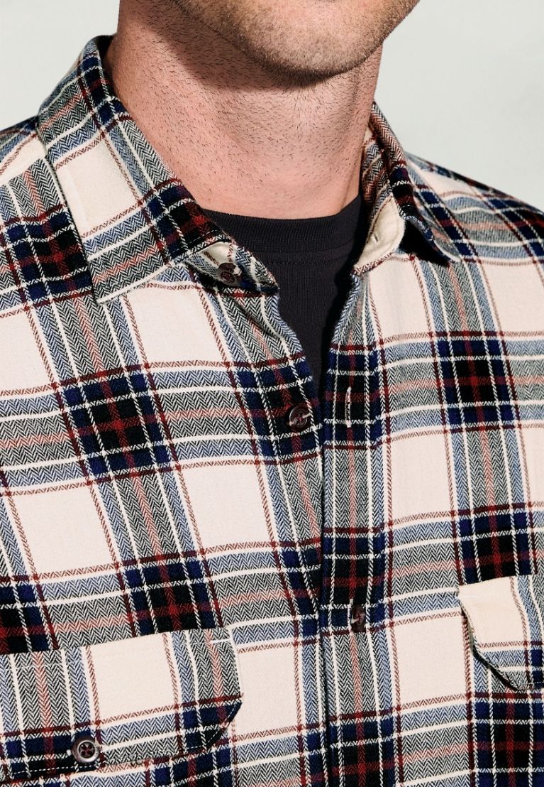 Regular Fit Ecru Herringbone Check Brushed Cotton Shirt - Image 5