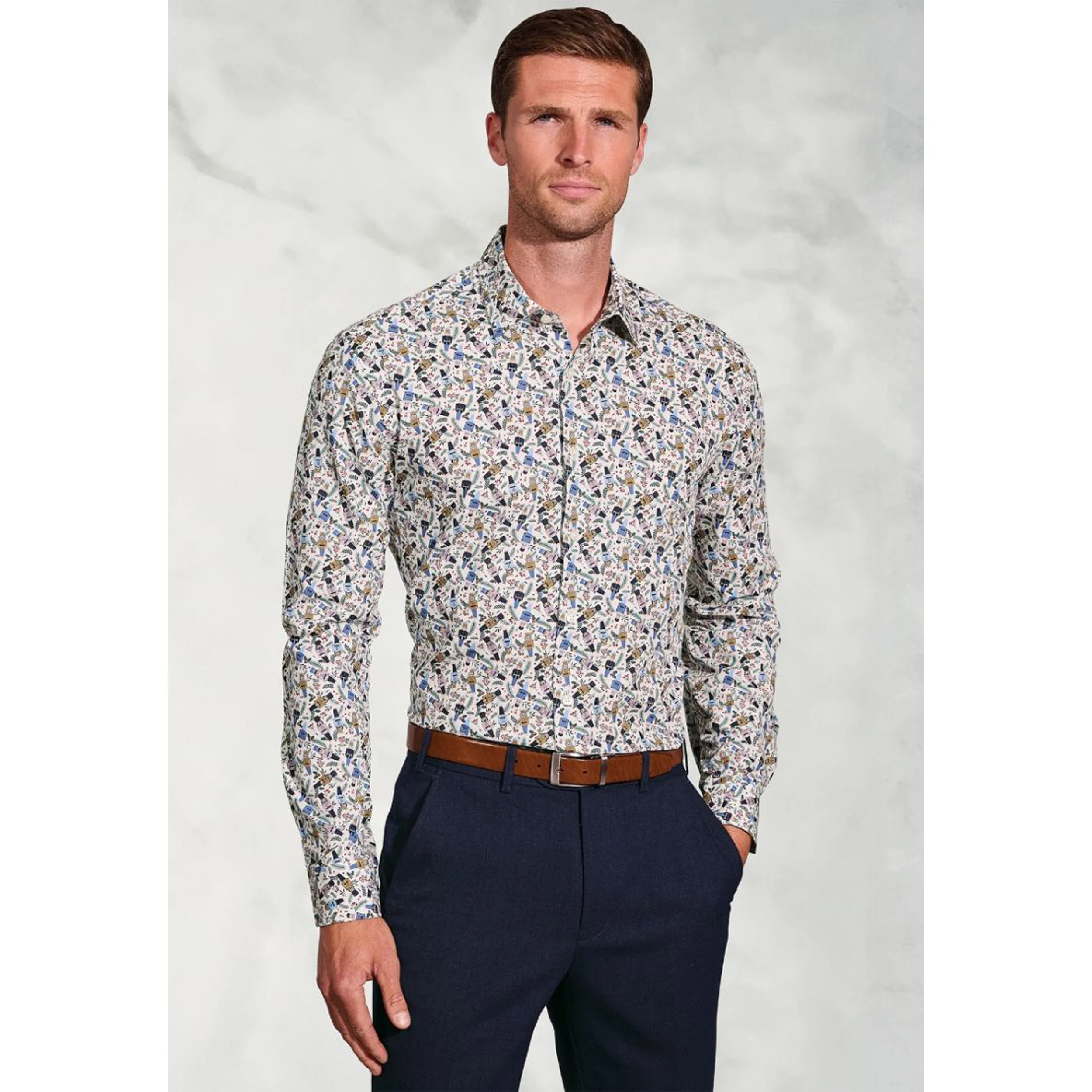Regular Fit Ecru Nutcracker Print Cotton Shirt