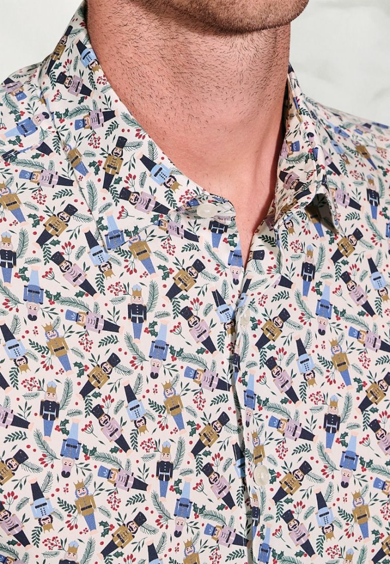 Regular Fit Ecru Nutcracker Print Cotton Shirt - Image 5
