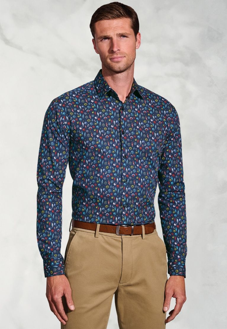 Regular Fit Navy Bauble Cotton Print Shirt - Image 3