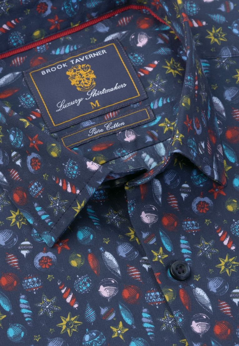 Regular Fit Navy Bauble Cotton Print Shirt - Image 4
