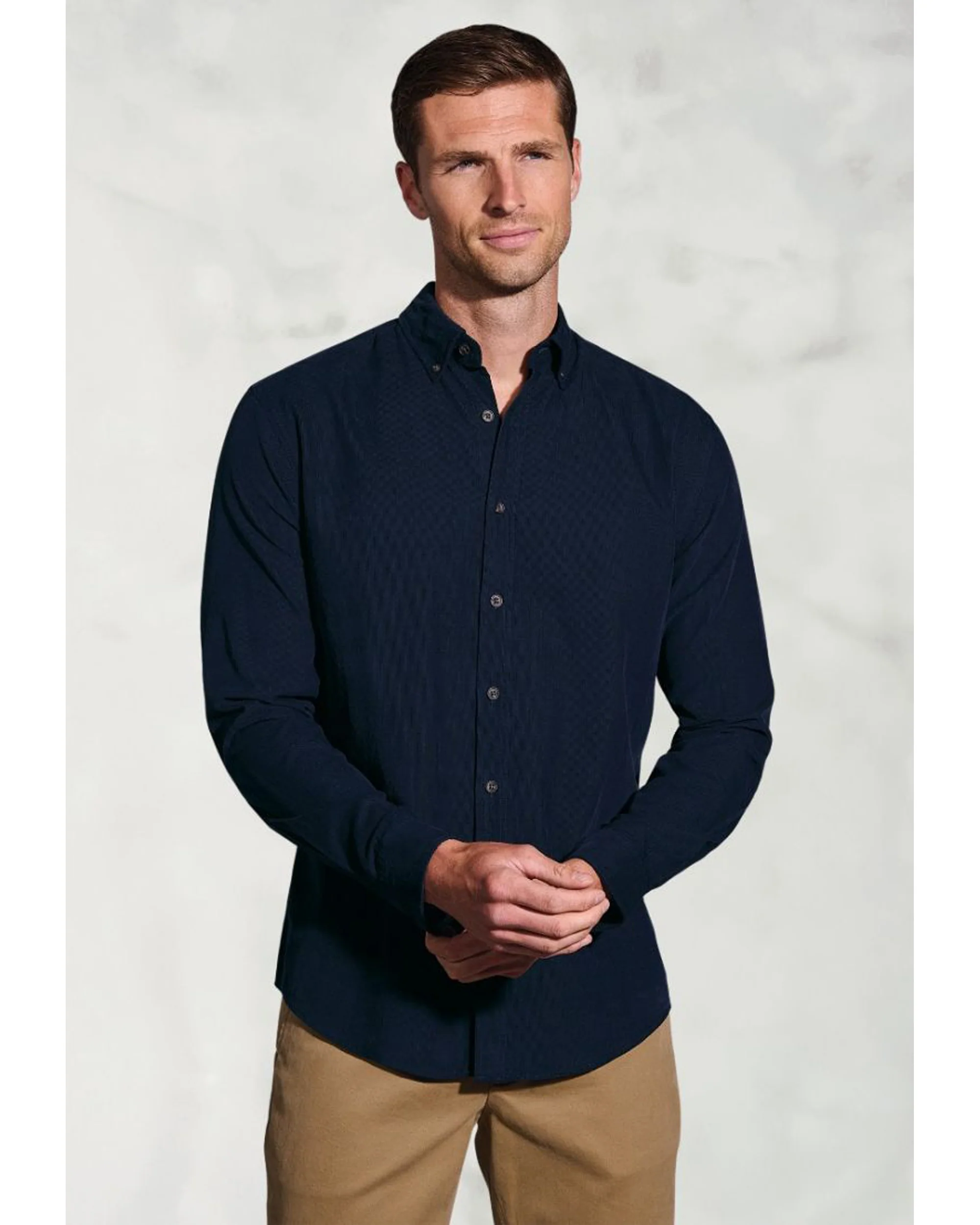 Regular Fit Navy Needlecord Cotton Shirt - Image 7