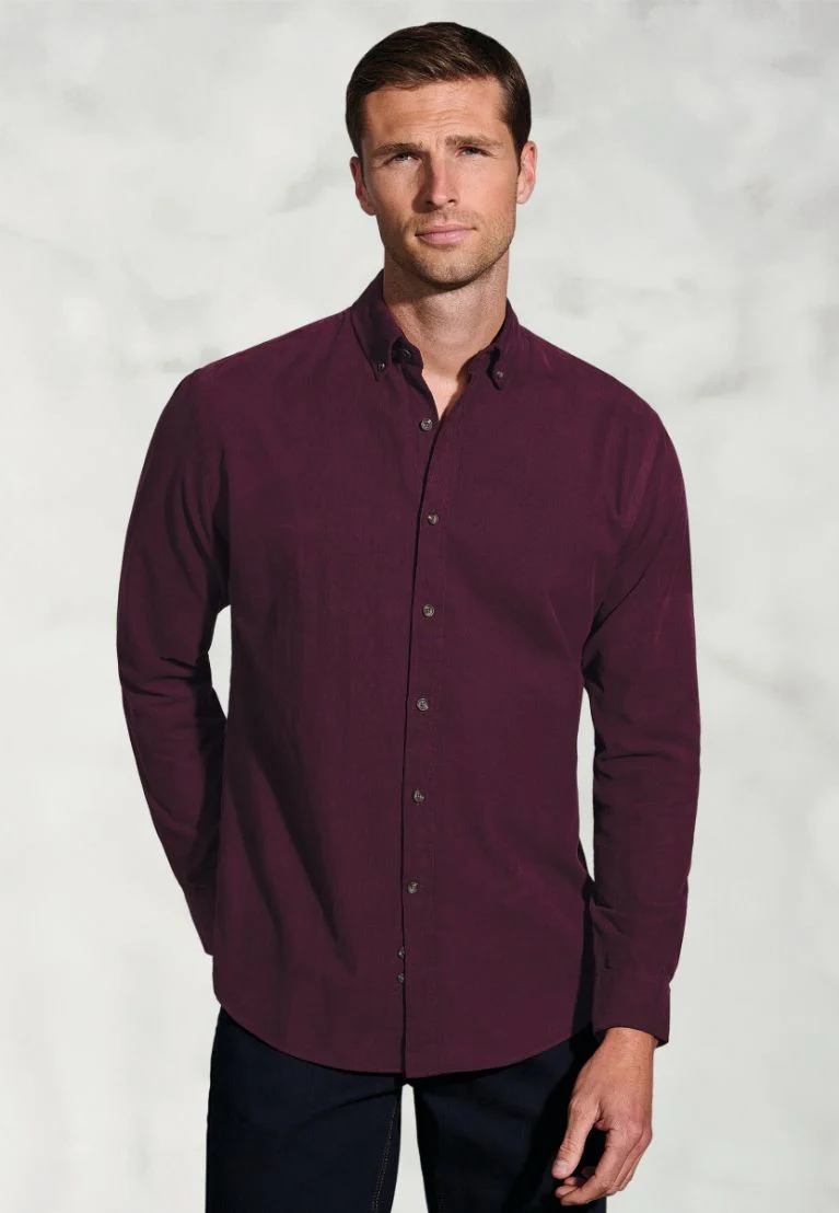 Regular Fit Plum Needlecord Cotton Shirt - Image 2