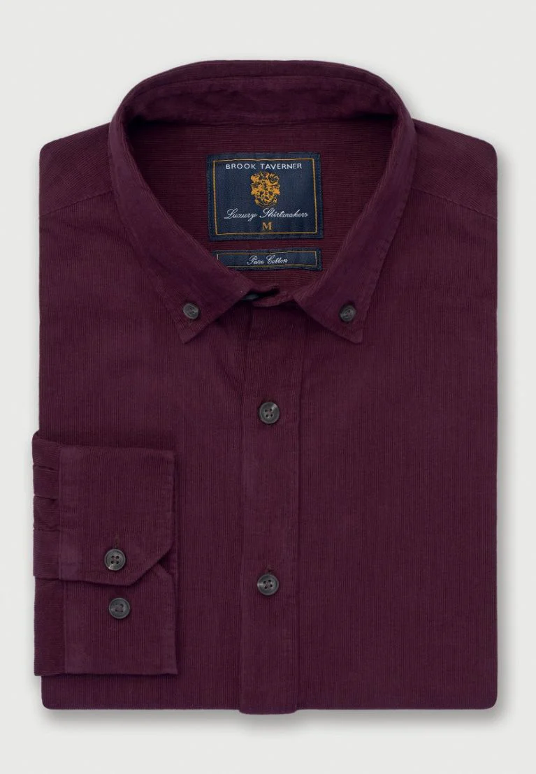 Regular Fit Plum Needlecord Cotton Shirt - Image 3