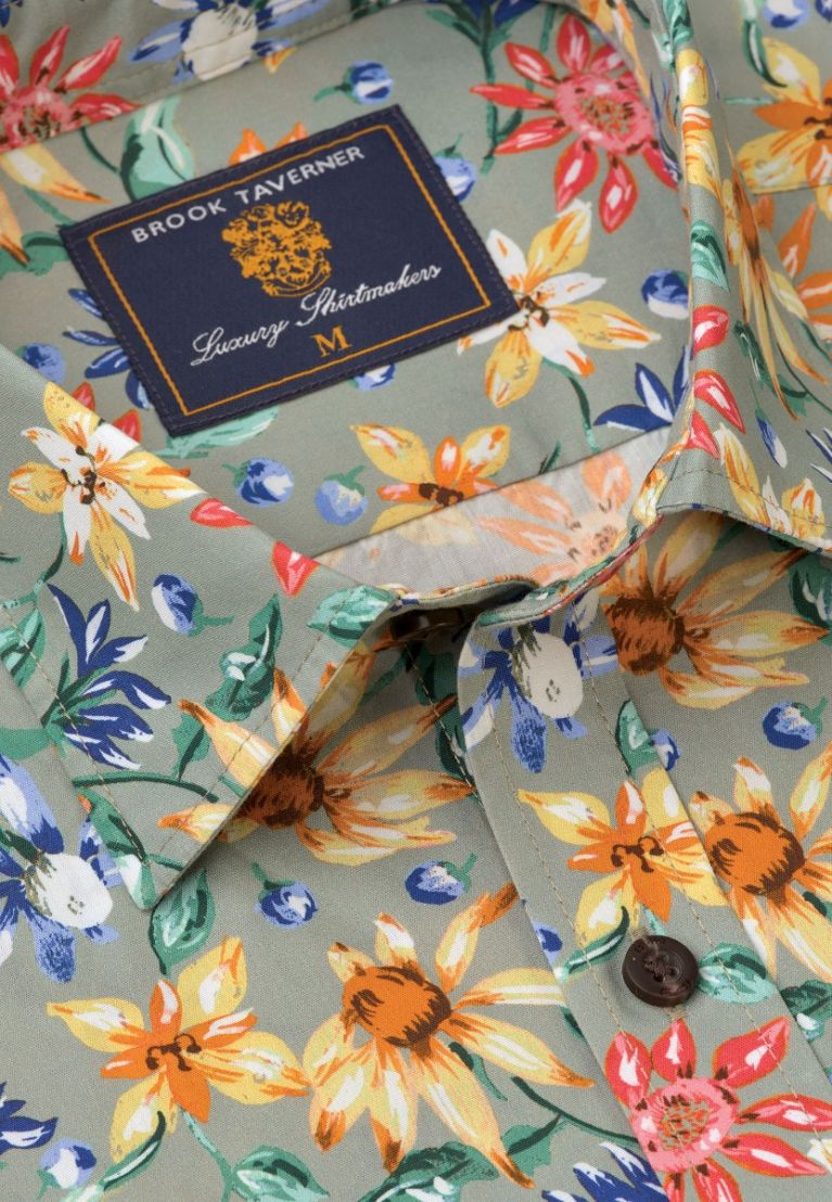 Regular Fit Sage Retro Tropical Print Short Sleeve Shirt - Image 3