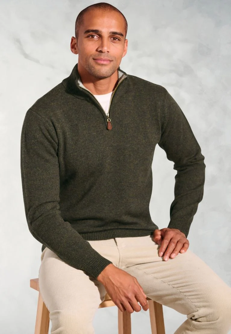Rutherford Khaki Lambswool Zip Neck Jumper - Image 3