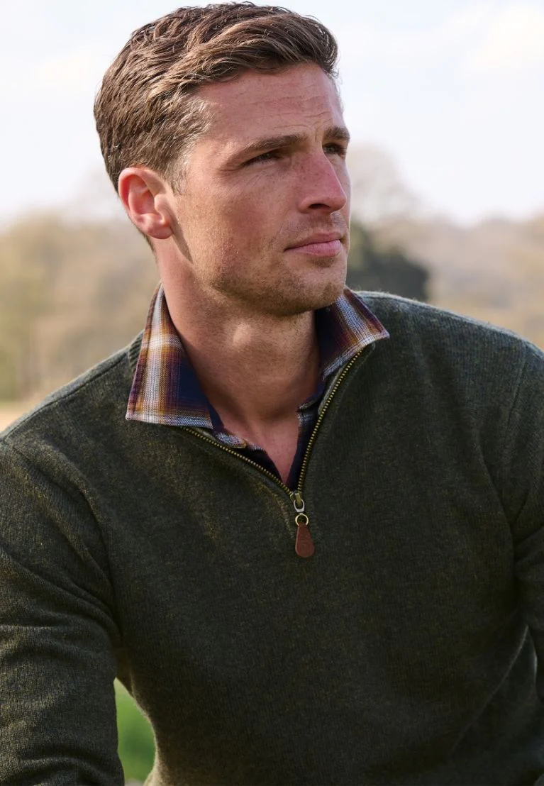 Rutherford Khaki Lambswool Zip Neck Jumper - Image 4
