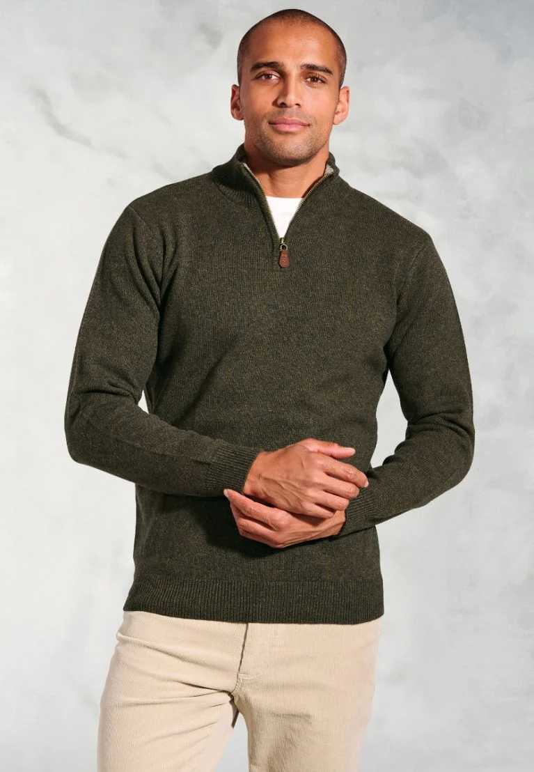 Rutherford Khaki Lambswool Zip Neck Jumper - Image 5