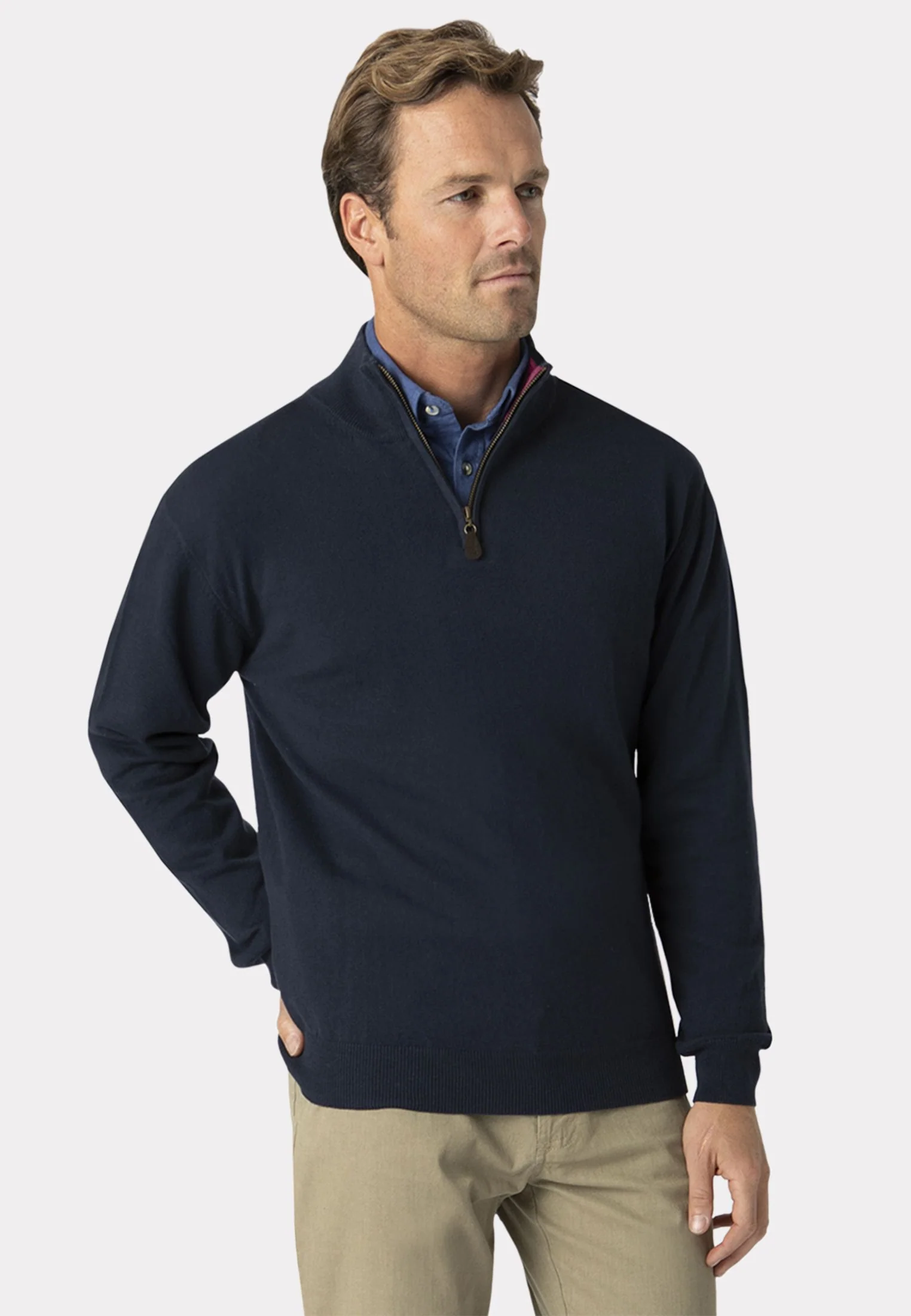 Sussex Navy Cotton Merino Zip Neck Jumper - Image 2