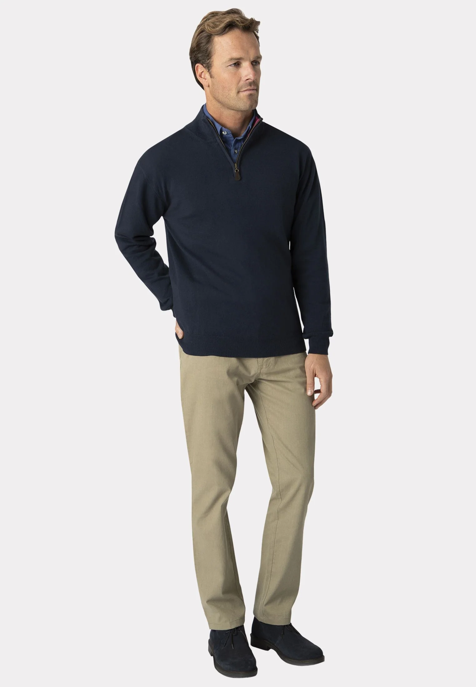 Sussex Navy Cotton Merino Zip Neck Jumper - Image 5
