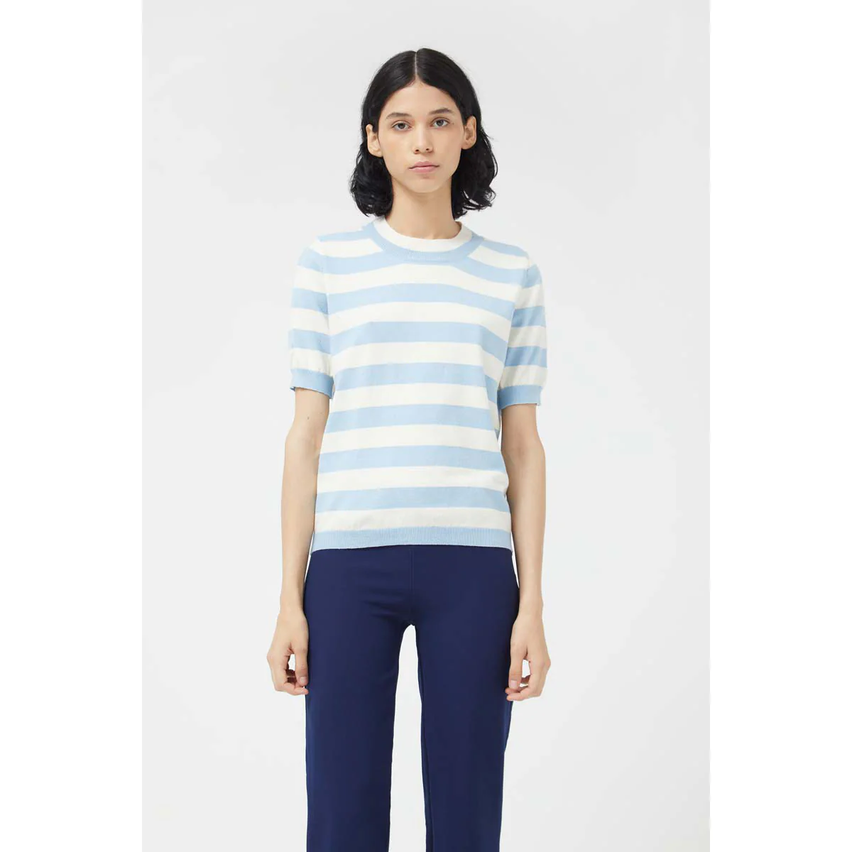 Blue Striped Short Sleeve Sweater