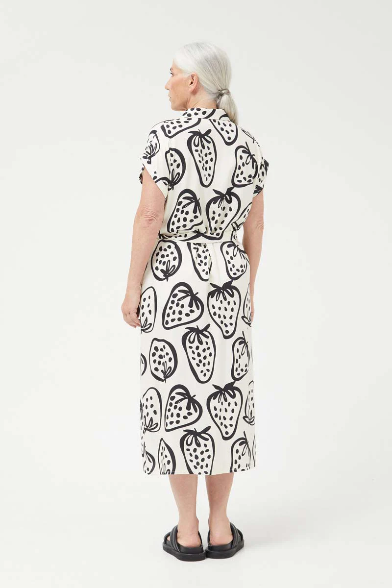 White Strawberry Print Shirt Midi Dress - Image 3