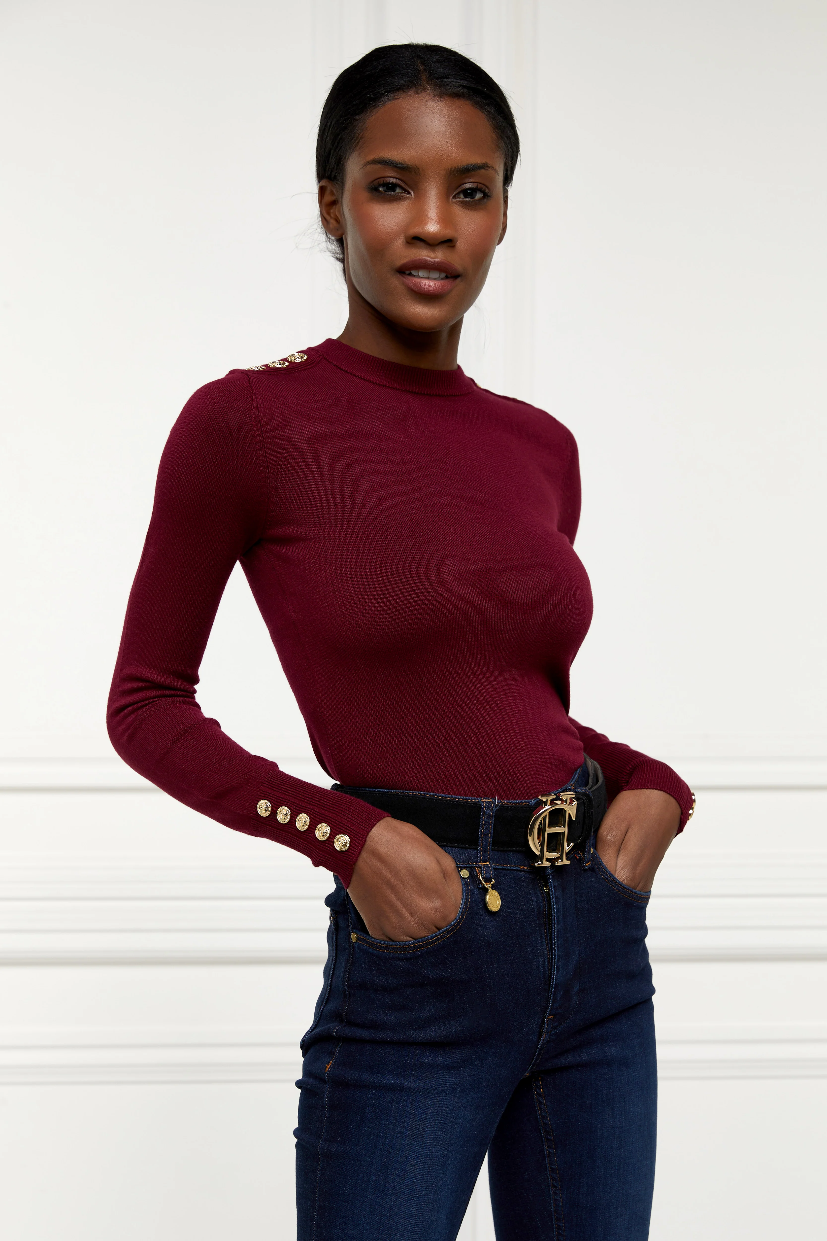 Buttoned Knit Crew Neck (Wine) - Image 3
