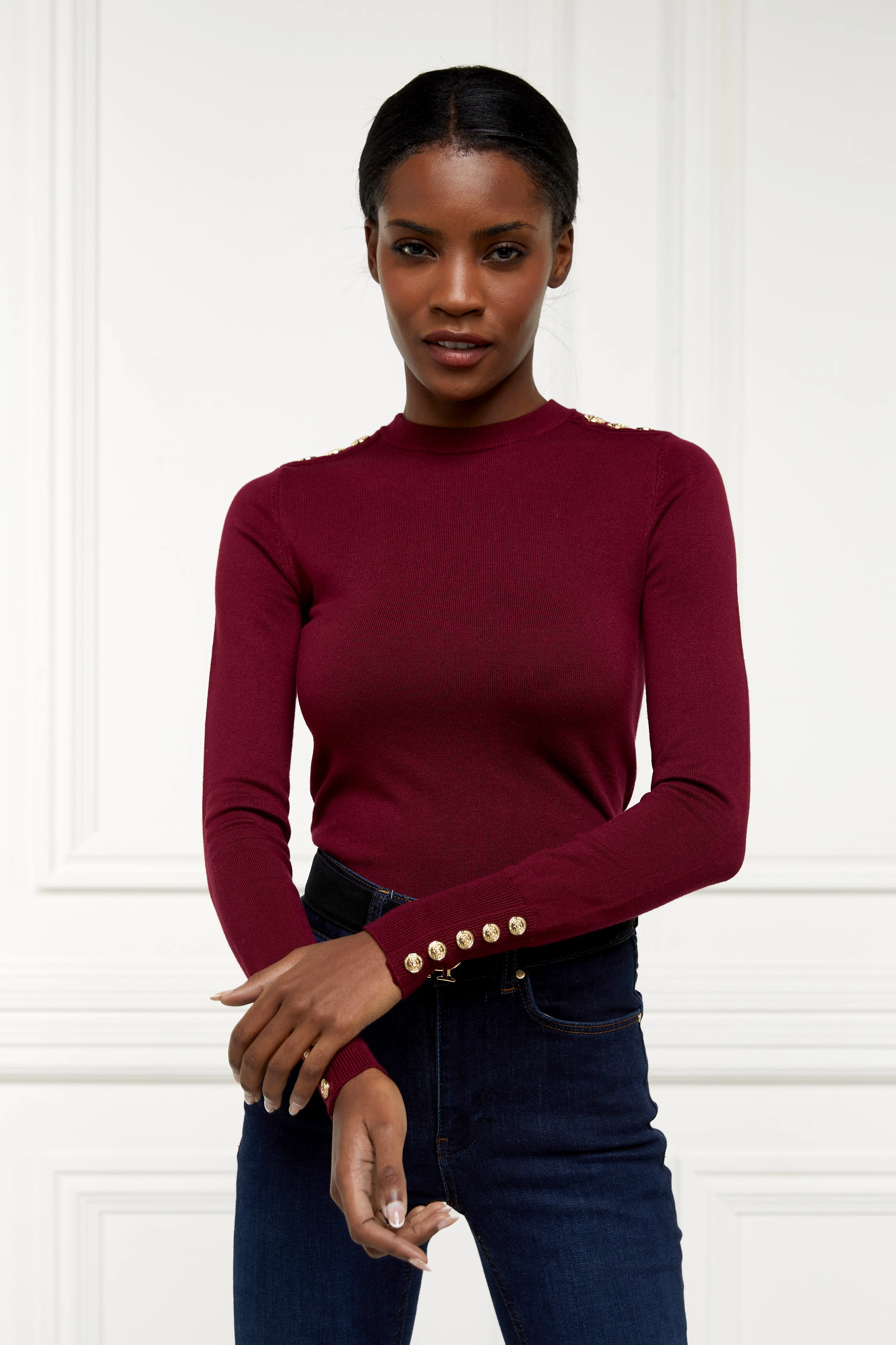 Buttoned Knit Crew Neck (Wine) - Image 4