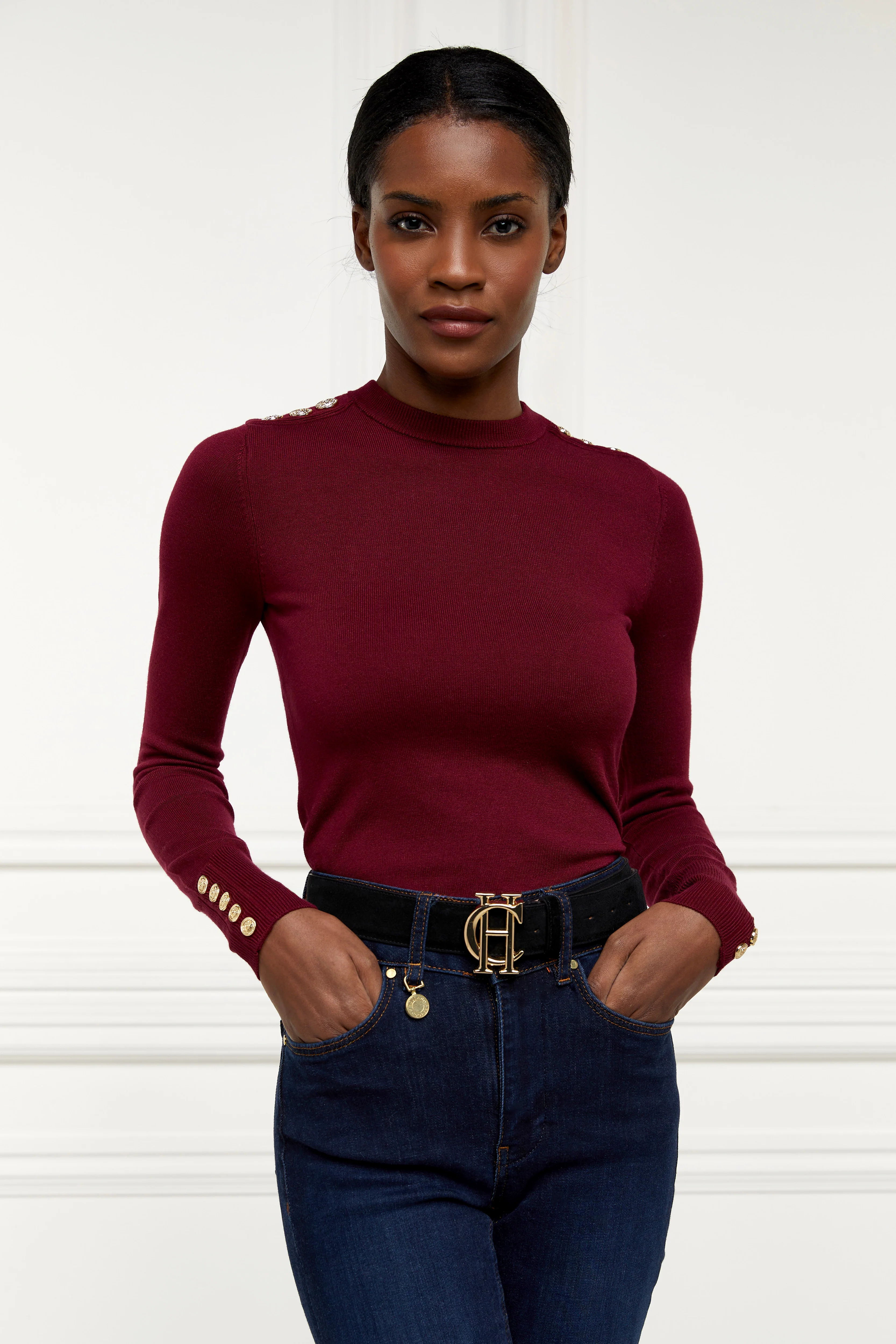 Buttoned Knit Crew Neck (Wine) - Image 5