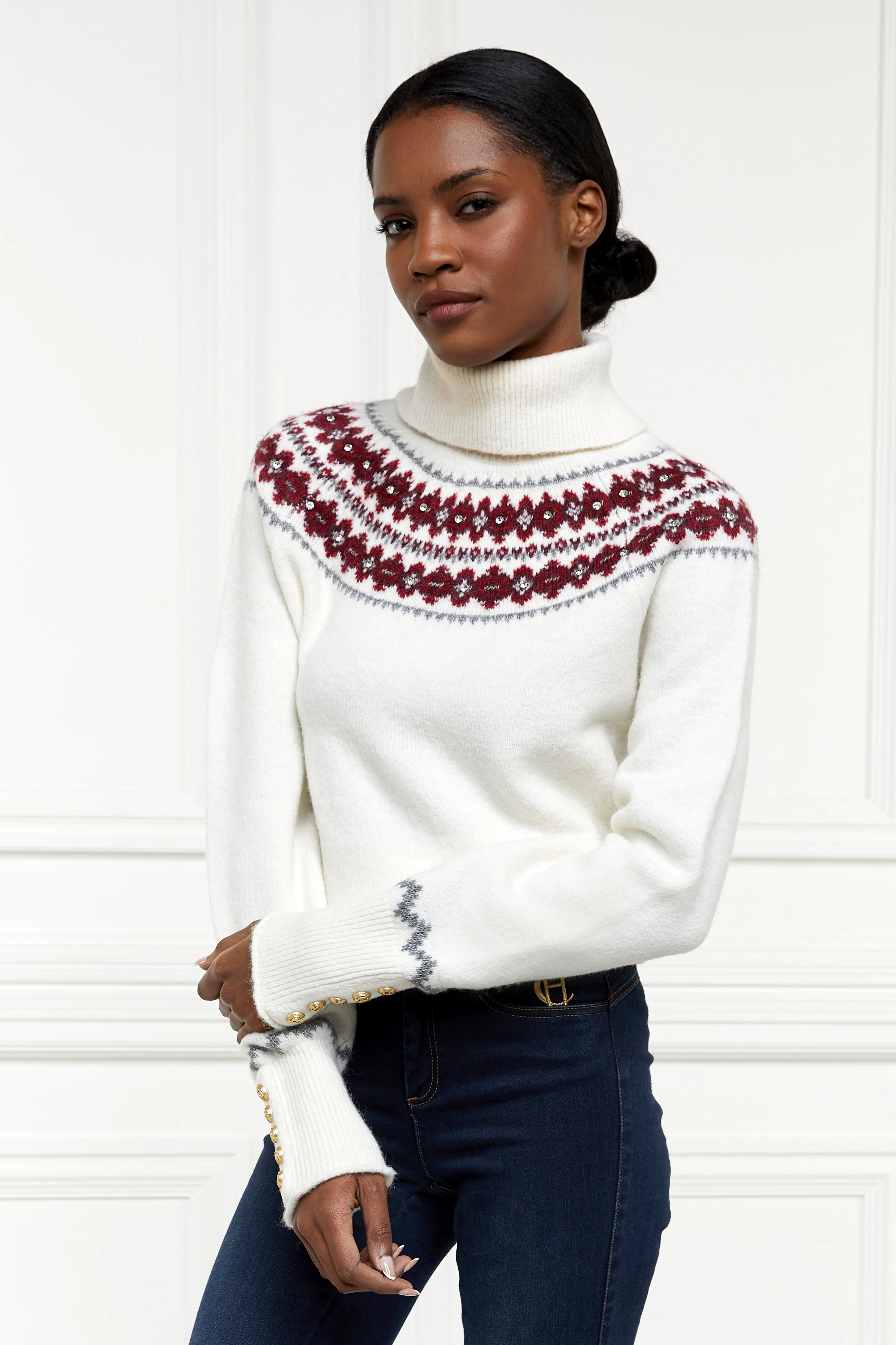 Jennifer Fairisle Roll Neck Knit (Natural) - Image 2