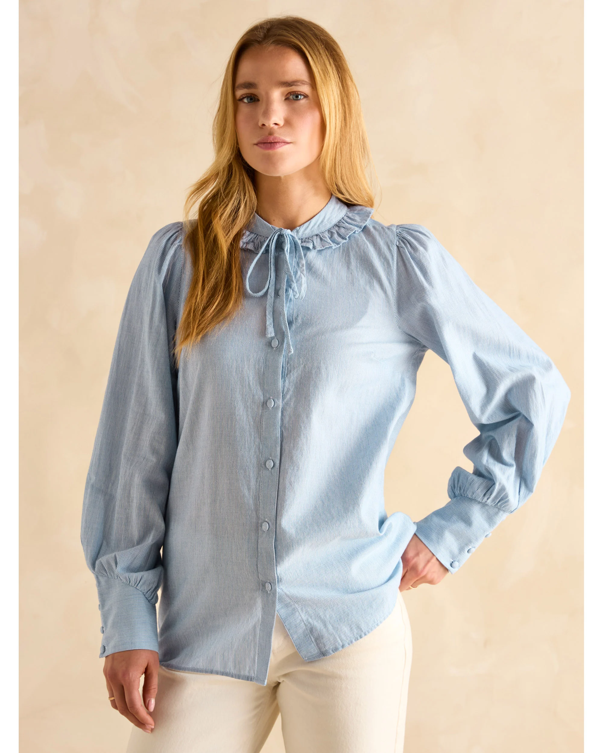 Harper Blue & White Tie Neck Blouse