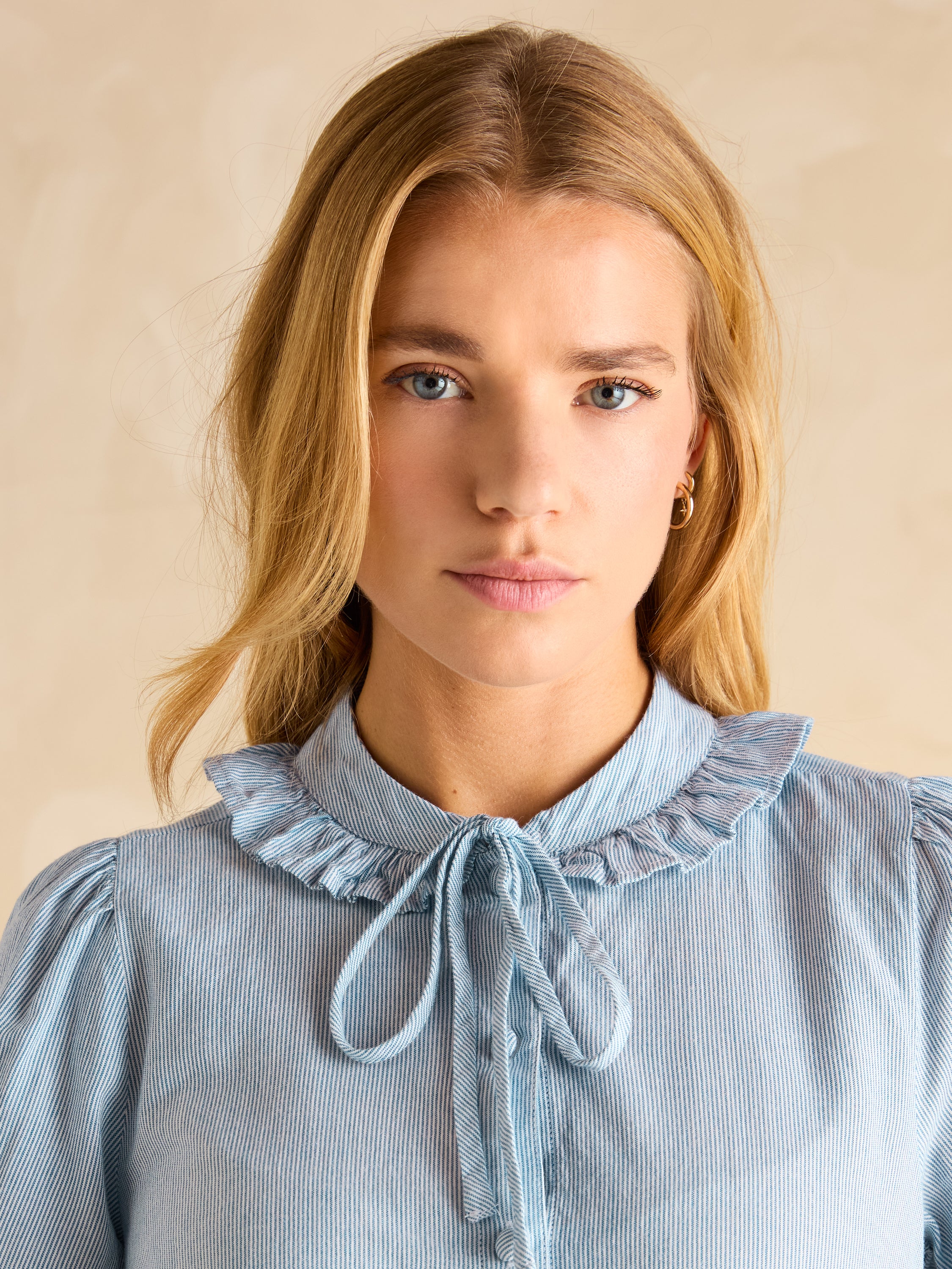 Harper Blue & White Tie Neck Blouse - Image 3