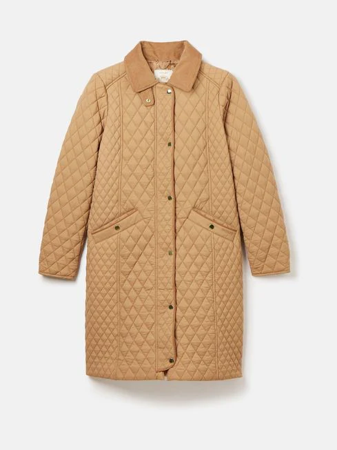 Rosewell Tan Brown Showerproof Longline Diamond Quilted Coat - Image 8