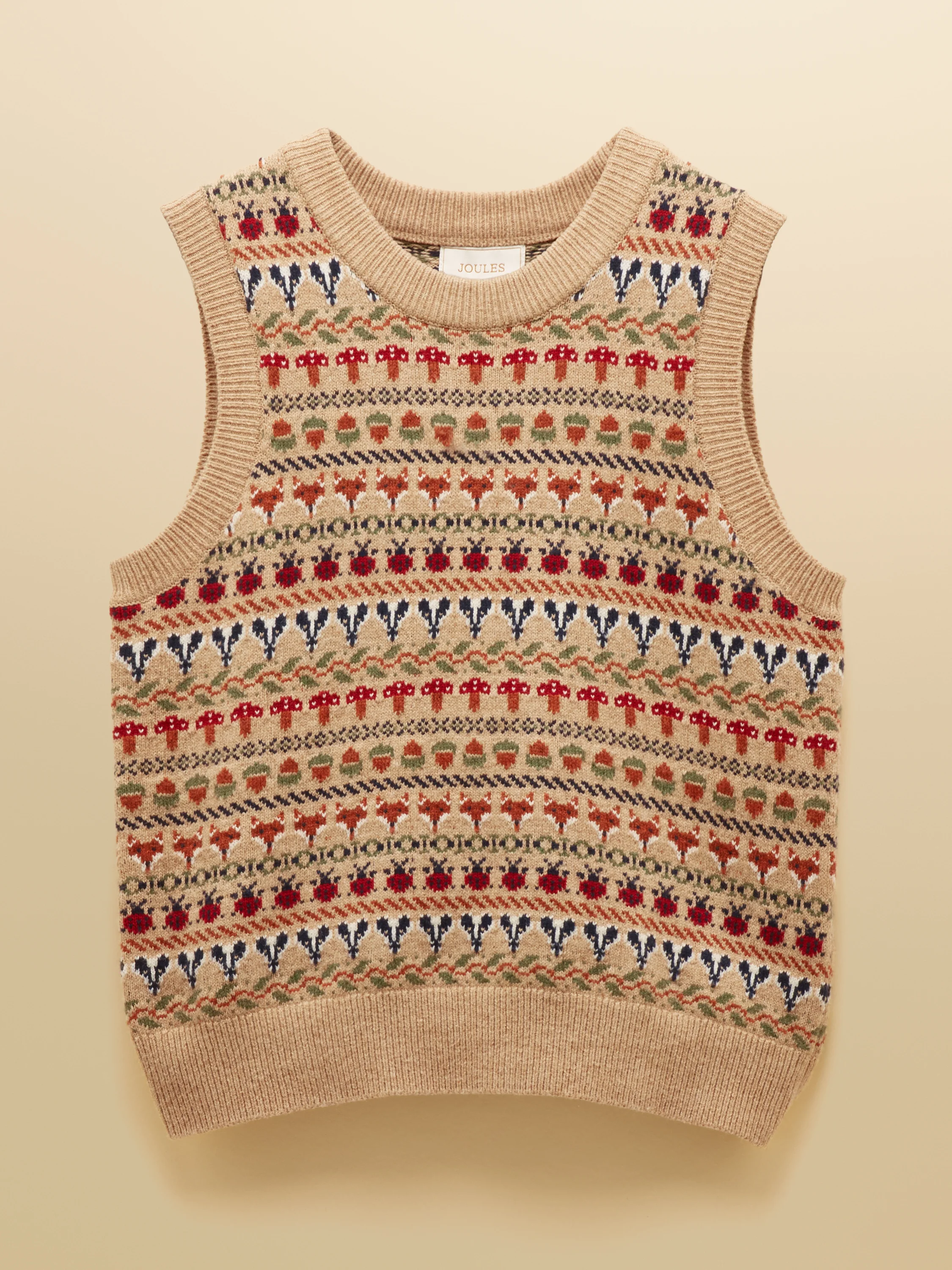 Woodland Oatmeal Cotton-Rich Intarsia Crew Neck Knitted Vest - Image 3