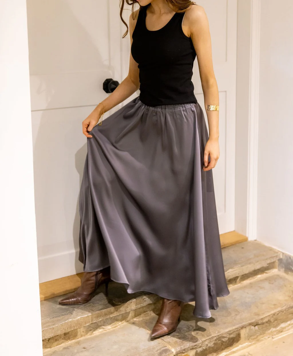 Long Length Full Satin Skirt in Grey - Image 2