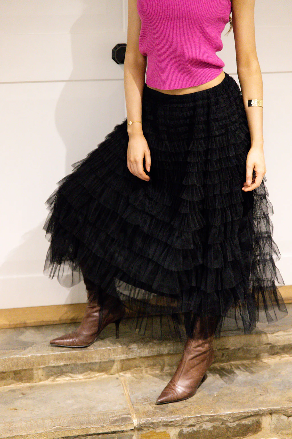 Maxi Ruffle Tiered Skirt in Black - Small - Image 3