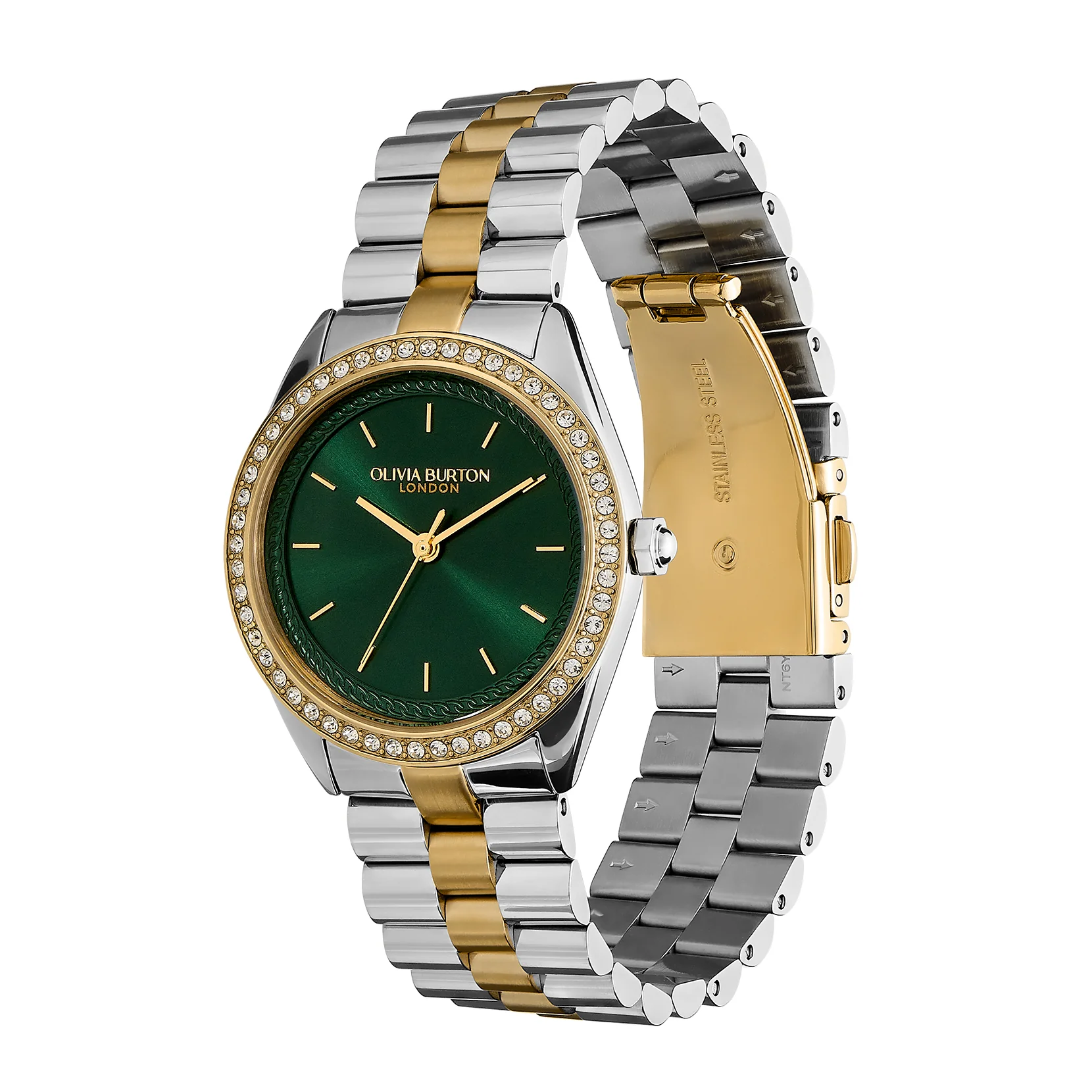 Sports Luxe 34mm Bejewelled Forest Green & Two Tone Bracelet Watch - Image 3
