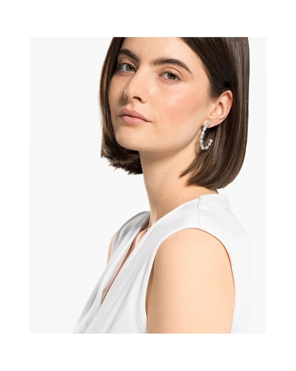Tennis Deluxe Mixed Hoop Pierced Earrings, White, Rhodium Plated - Image 3